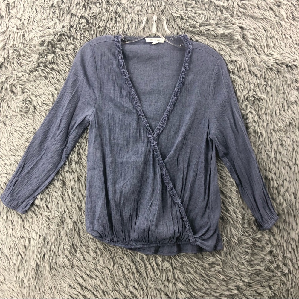 Honey Punch Blouse Womens Small Faux Wrap Blue Fringe Trip Blue Shirt